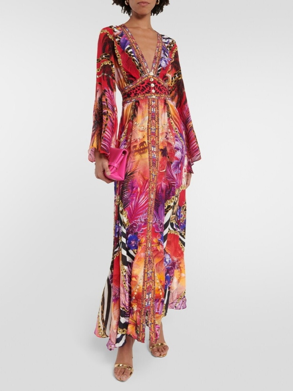 Camilla Printed Embellished Silk Kimono Maxi Dress Wild Loving NWT Size Small
